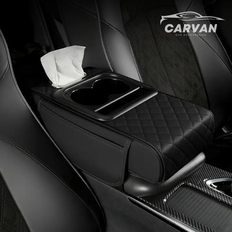 Multi-Function Car Armrest Cushion with Built-In Cup Holder and Tissue Box