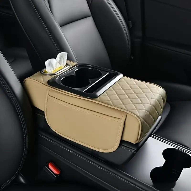 Multi-Function Car Armrest Cushion with Built-In Cup Holder and Tissue Box