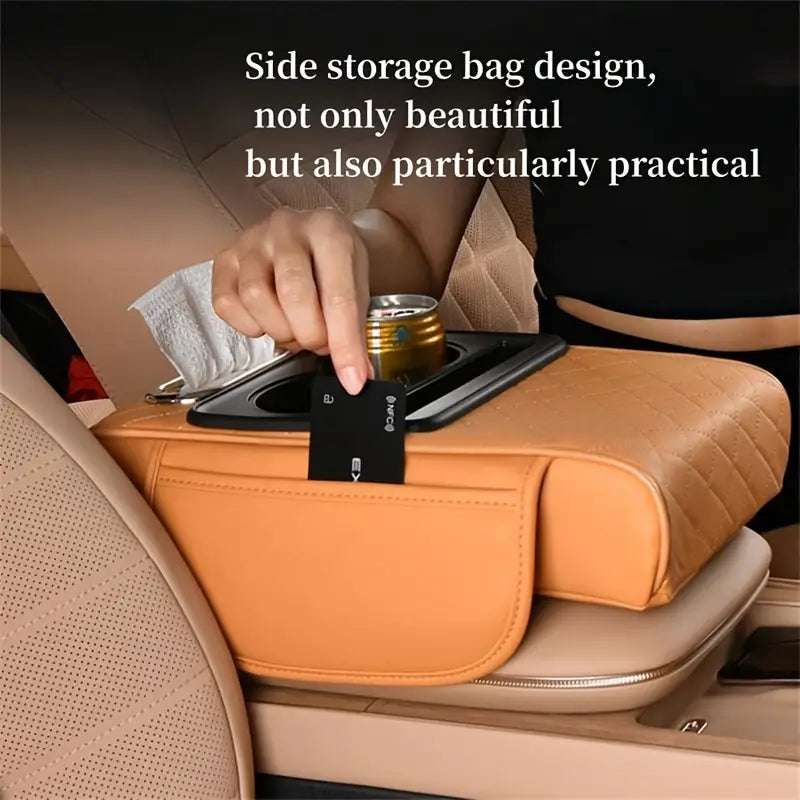Multi-Function Car Armrest Cushion with Built-In Cup Holder and Tissue Box