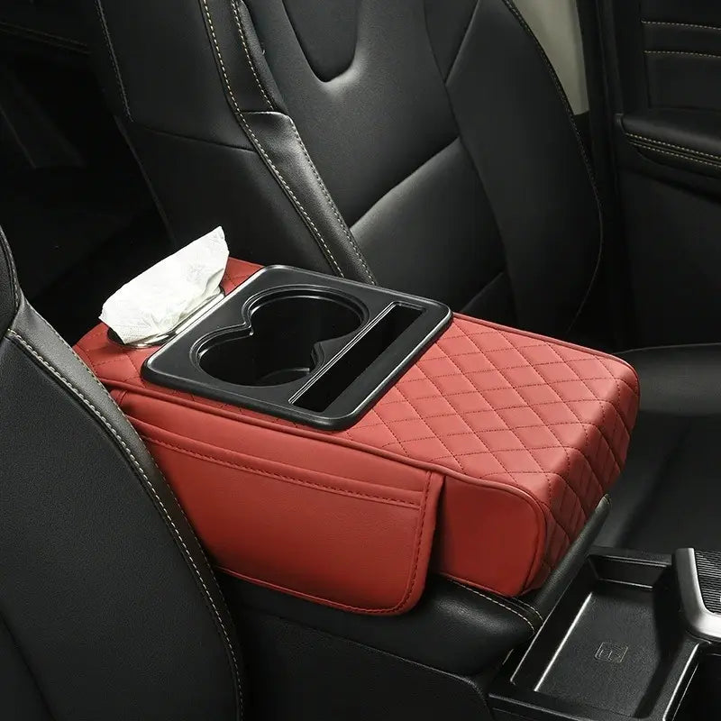 Multi-Function Car Armrest Cushion with Built-In Cup Holder and Tissue Box